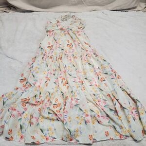 FORE Pink Green Floral V Neck Halter Maxi Dress Medium Casual‎ Cottage Feminine